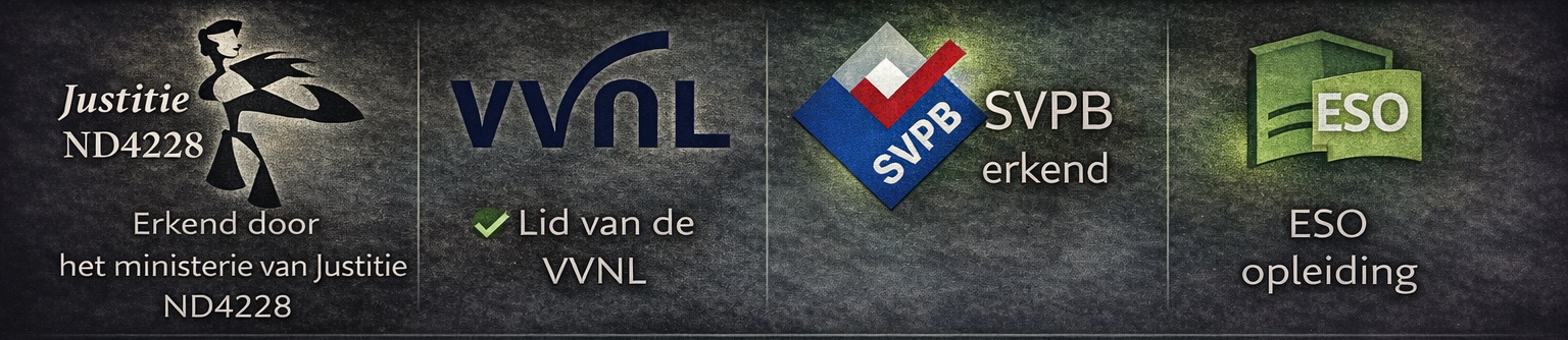 Erkenningen: Justitie ND 4228, lid van VVNL, SVPB erkend en ESO opleiding